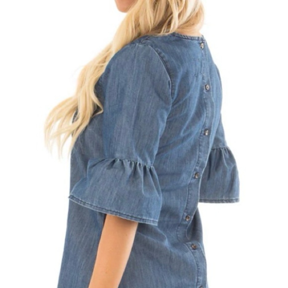 Denim Blouse with Bell Flare Sleeves Top